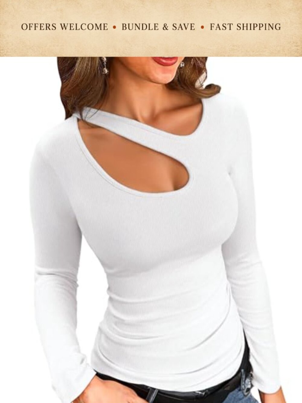 Women's Long Sleeve Cutout Ribbed Knit Slim Fit Top Asymmetric Neck Casual Shirt